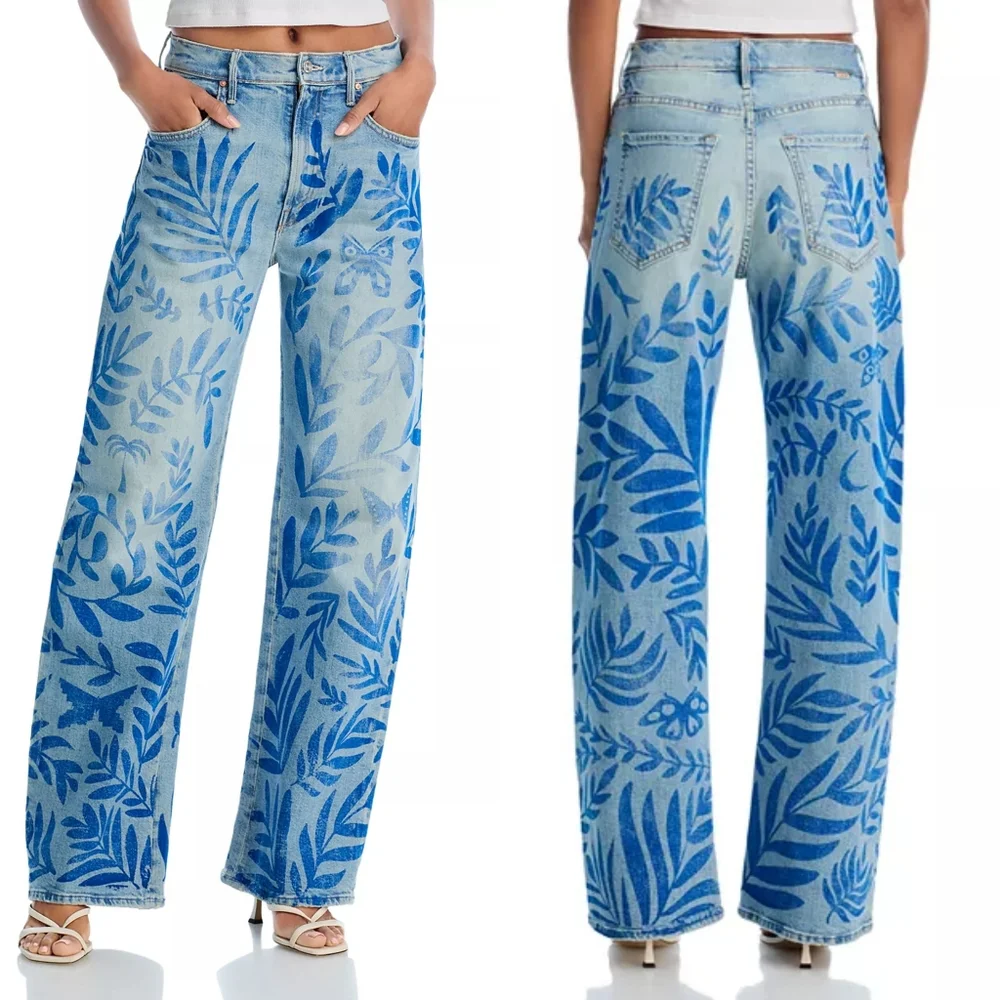 NWT Mother Denim The Lasso Sneak Jeans Pressed Leaves 29 Blue Painted Denim Jean - Picture 1 of 16